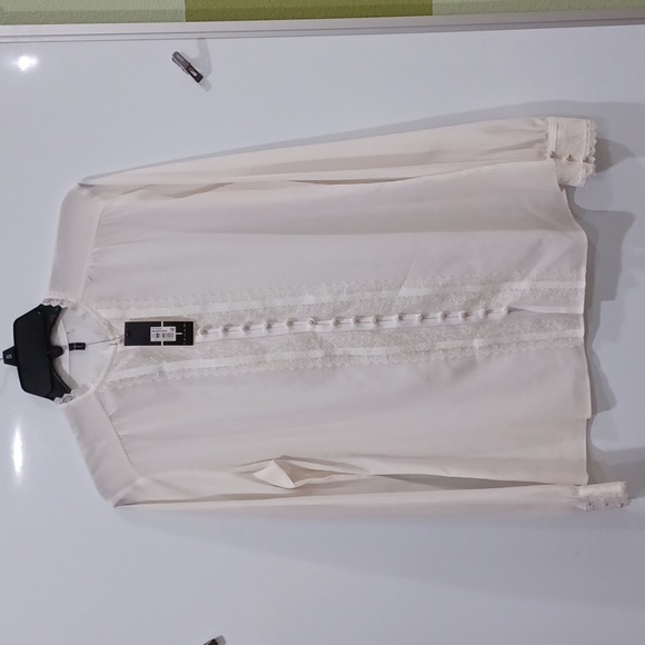 NWT Elie Tahari white silk/cot crepe/lace multi(19)-button/loop lace collar shrt - Picture 2 of 7